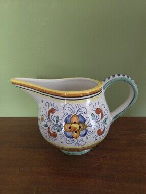 Vintage Deruta Italy Hand-Painted Floral Ceramic Pitcher with Blue and Yellow